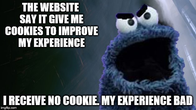 Angry Cookie Monster says The website say it give me cookies to improve my experience. I receive no cookie. My experience bad. 